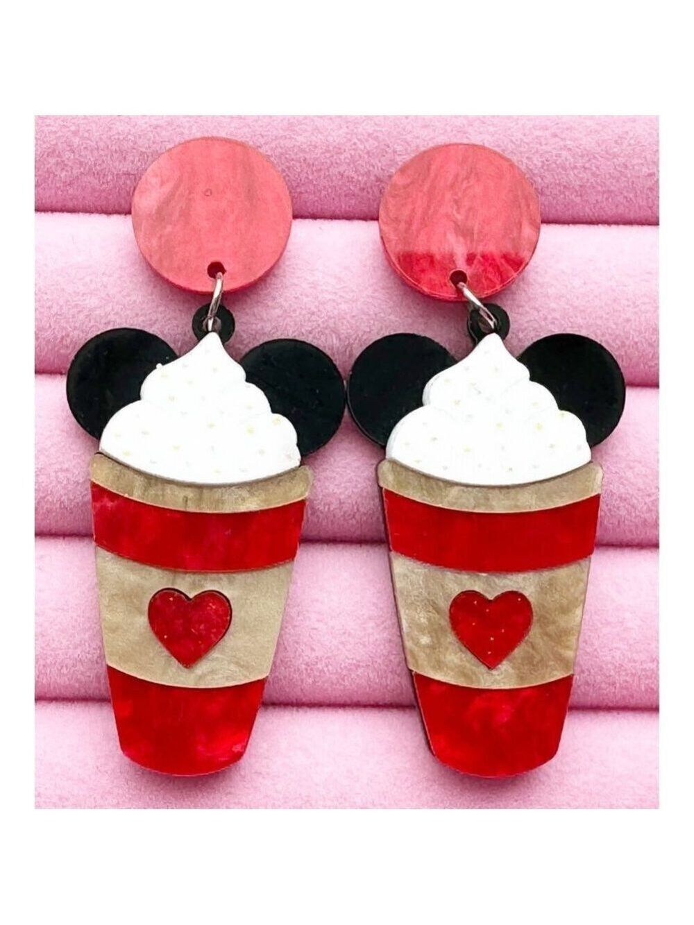 Mouse Ears Coffee Valentine's Day Acrylic Earrings with Backing - Picture 3 of 4